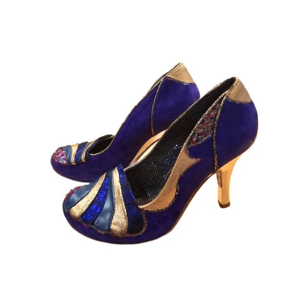 IRREGULAR CHOICE Royal Blue Suede Leather Glitter Gold Metallic Heel Sz 8.5 NEW